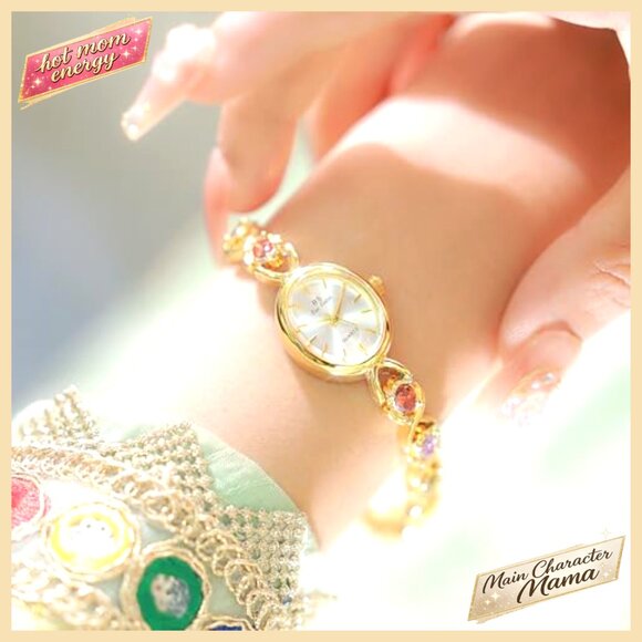 Vintage Gold-Tone Quartz Wrist Watch with Jade Crystal Oval Dial Waterproof
